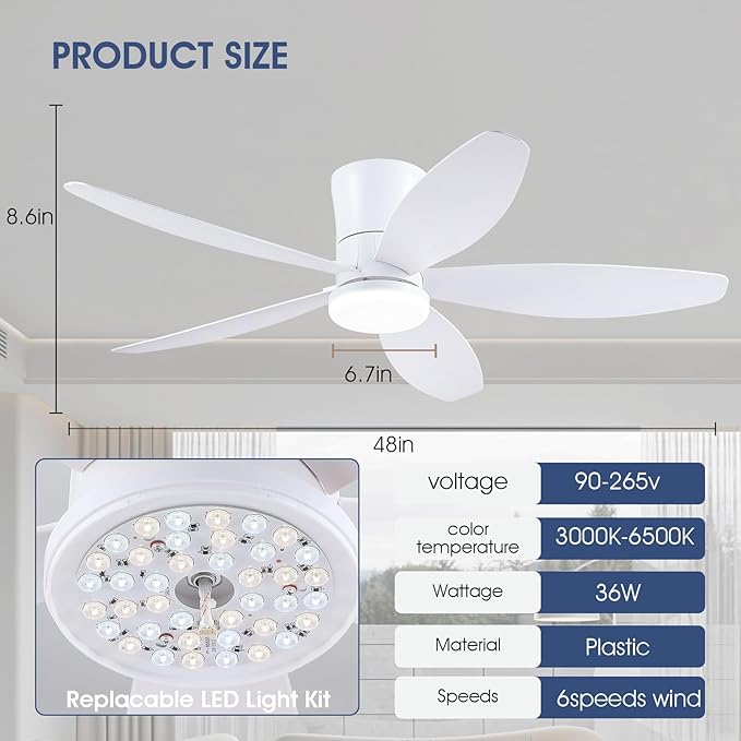 48" Ceiling Fans with Lights-Low Profile Ceiling Fan with Light and Remote/APP Control,Flush Mount,DC Reversible,LED Dimmable Modern Ceiling Fans for Bedroom,Indoor/Outdoor Patio Use(White)