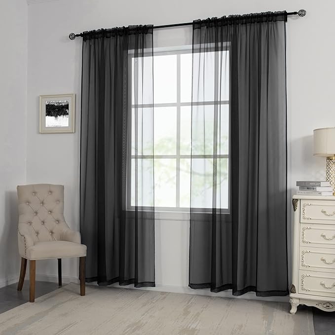 HUTO Black Sheer Curtains 84 Inches Long for Living Room Rod Pocket Voile Window Drapes for Bedroom,2 Panels