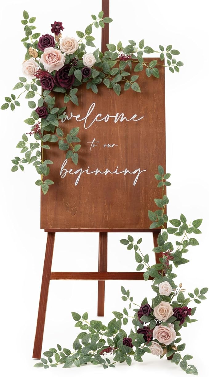 Ling's Moment 2pcs Wedding Flowers Garland Artificial Floral Swag Arch Decorations Rose Greenery Arrangements Marsala Blush Ceremony Reception Garden Easel Wall Entryway Outdoor board(NOT Include Sign