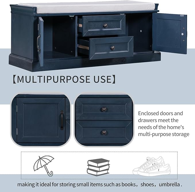 GDFStudio Rustic Storage Bench with 4 Doors 2 Draws Adjustable Shelves Removable Cushion Rectangular Cabinet Foot Rest Stool Solid Wood Shoe Bench Seating for Entryway Living Room, Antique Navy