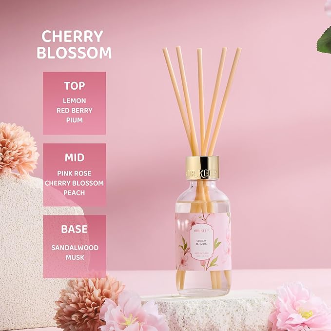 Airkeep Reed Diffuser Oil Set with Reed Sticks,Cherry Blossom Aromatherapy Oil Scent Diffuser for Home Office Bathroom Decoration Perfume and Gifts 3.38 oz/100ml