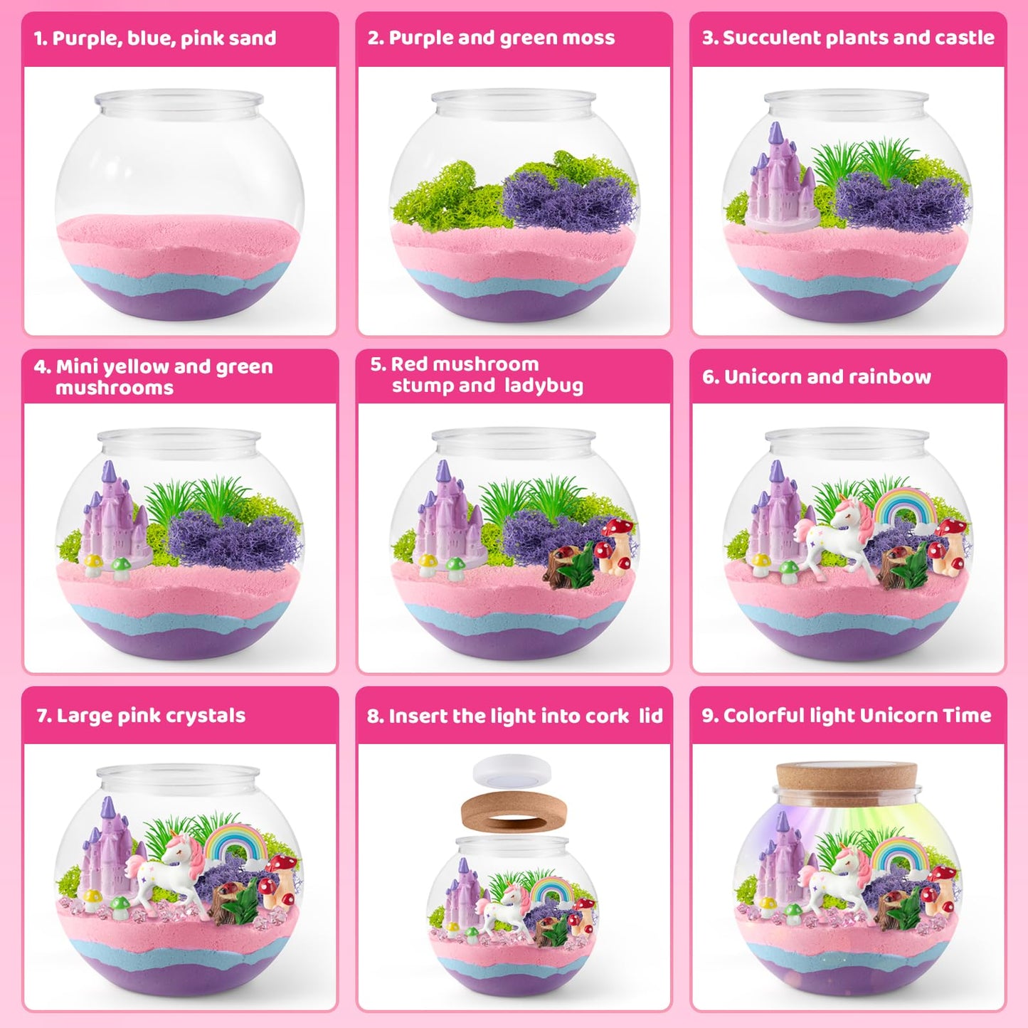Unicorn Light-Up Terrarium Kit for Kids - LED Night Light Birthday Gift for Girls Ages 4 5 6 7 8-12 Year Old - Unicorn Toys for Girls - DIY Arts and Crafts Kit for Kids