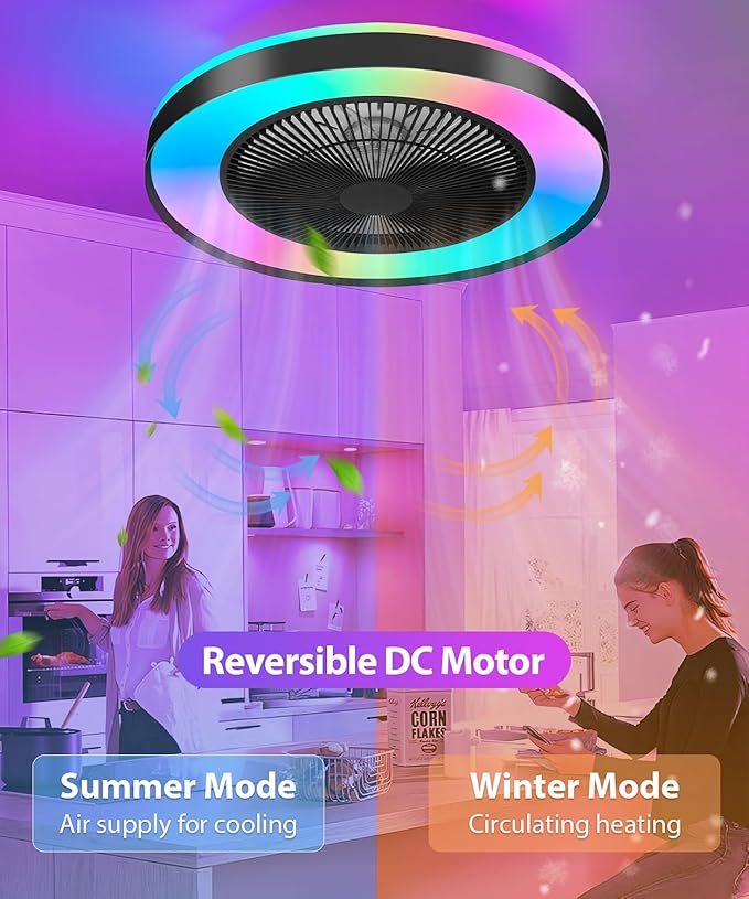 2-in-1 Low Profile Ceiling Fan with Light, 20” Caged Safety Design for Kids - RGB Color, Smart APP/Remote Control, Quiet Flush Mount DC Motor, Metal, Ideal for Bedroom/Living Room/Kitchen, Black