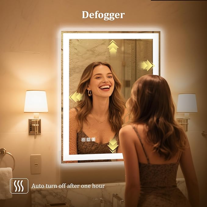 24"X32" LED Bathroom Mirror with Lights, Mirror for Bathroom Wall with Frontlit and Backlit, IP54 Enhanced Anti-Fog, Bathroom Vanity Mirror 3 Colors Dimmable CRI>90 Double Lights, HD Tempered Glass