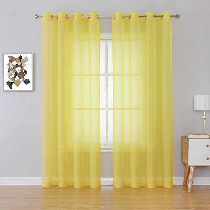 KEQIAOSUOCAI 108 inches Long Living Room Sheer Curtains - Eyelet Top Voile Sheer Draperies Privacy for Villa, W 54 by L 108 inch Length, 2 Panels, Vibrant Yellow