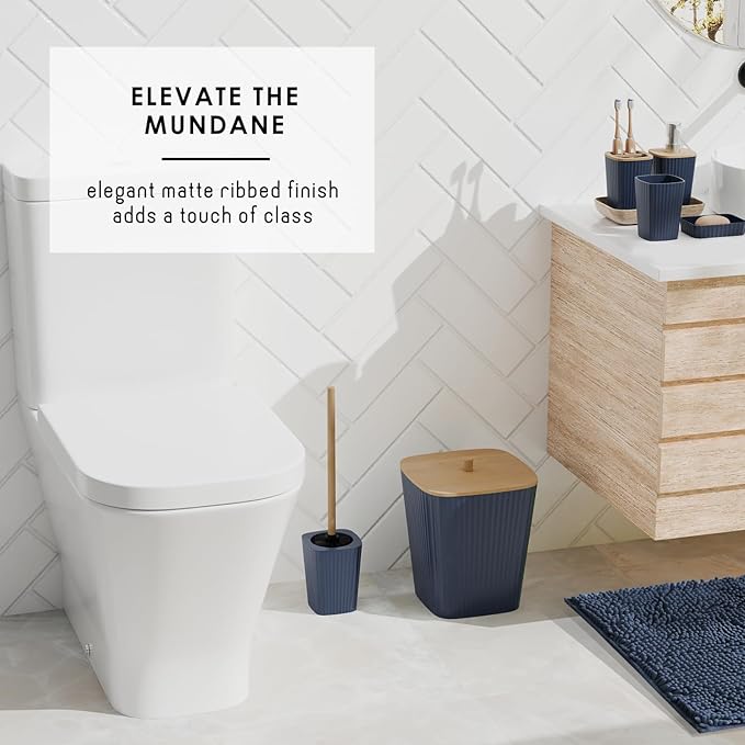 Clara Clark Bathroom Set - Navy Blue Bathroom Accessories Set, 6PC Bathroom Accessory Set, Bathroom Sets with Bathroom Rugs, Adhesive Corner Shower Caddy Hanging, Toilet Brush & Trash Can