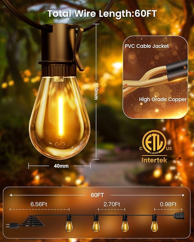 Torkase Dimmable S14 LED Patio Lights 60FT 20+1 Vintage Bulbs, ETL Listed Commercial Grade Waterproof String Lights for Porch, Gazebo, Market Lighting