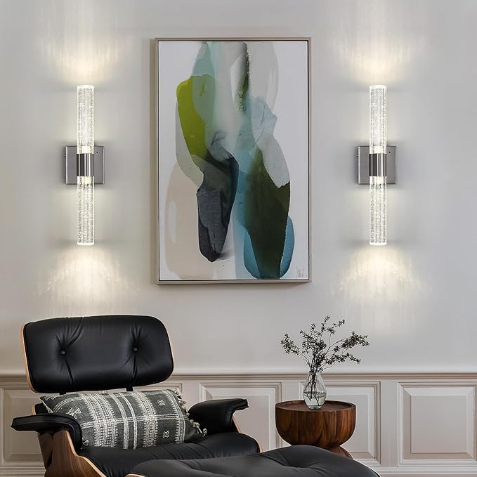 Wireless Wall Sconces Set of Two Battery Operated, 4000K Dimmable Crystal LED Bathroom Sconces Wall Lighting Modern Indoor Nickel Wall Lights for Bedroom Living Room