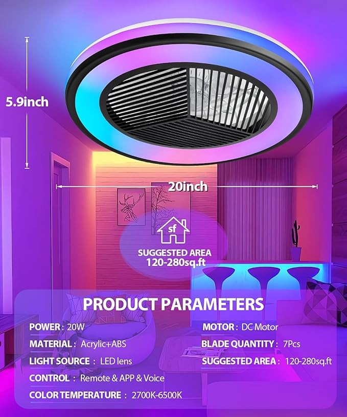 2-in-1 Low Profile Ceiling Fan with Light, 20” Caged Safety Design for Kids - RGB Color, Smart APP/Remote Control, Quiet Flush Mount DC Motor, Triangle, Ideal for Bedroom/Living Room/Kitchen, Black
