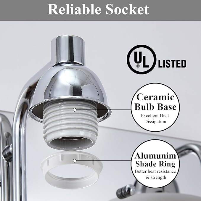 Stainless Steel Milk Glass Vanity Lights for Bathroom, 3 Light Polished Chrome Bathroom Light Fixtures Over Mirror, Ceramic E26 Sockets Wall Mounted