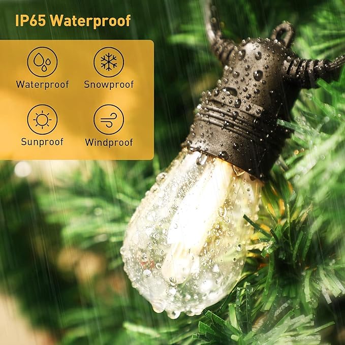 49FT LED Outdoor String Lights - Waterproof Patio & Backyard Cafe Lights with 15+2 Spare Bulbs