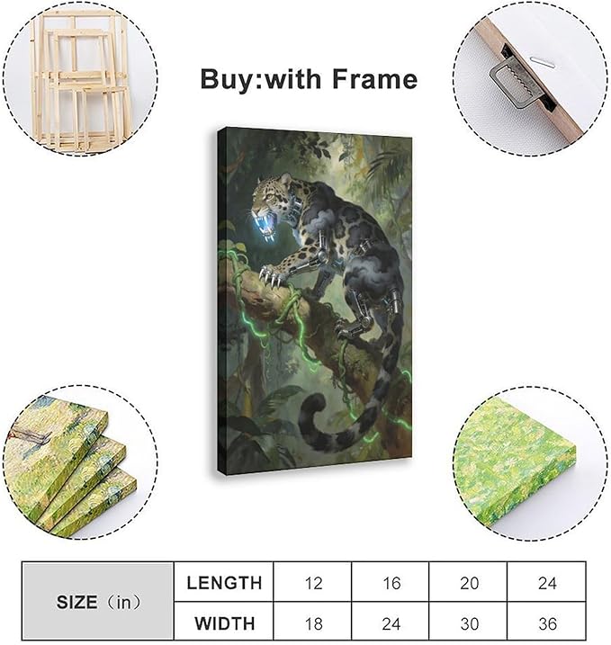 Framed Steampunk Mechanical Leopard Wall Art - Jungle Futuristic Beast Poster for Man Cave Living Room Decor 20x30inch(50x75cm)