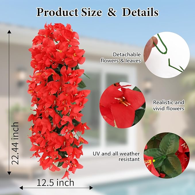 NESCCI Bougainvillea Artificial Flowers Plants for Outdoor Outside Fall Autumn Decor, 2 PCS Faux Silk Long Trailing Vines UV Resistant Fake Flowers for Front Door Porch Planter Urn Patio
