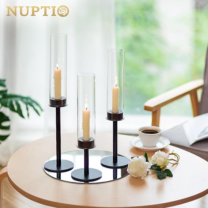 NUPTIO Hurricane Glass Candle Holders: 6 Pcs Black Metal Candlestick Tapered Holder with Clear Chimney Covers Bottomless Tall Modern Taper Candles Stick Cylinder Stand for Halloween Fireplace Decor