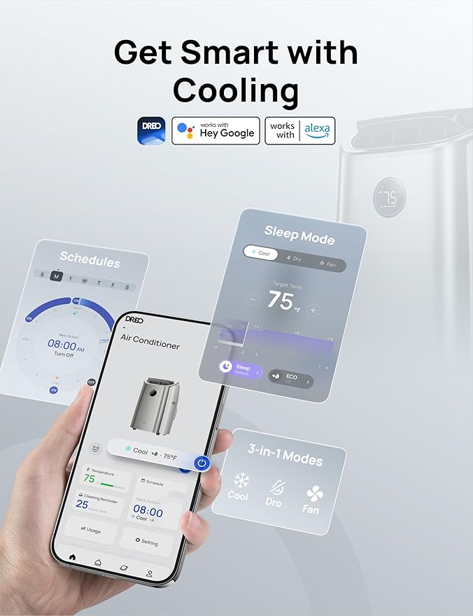 DREO Portable Air Conditioners, 12,000 BTU AC Unit for Bedroom with Drainage-free Cooling, 46dB Quiet, APP/Voice/Remote, 24h Timer with Fan & Dehumidifier, Smart Standing AC for Room Indoors, AC515S