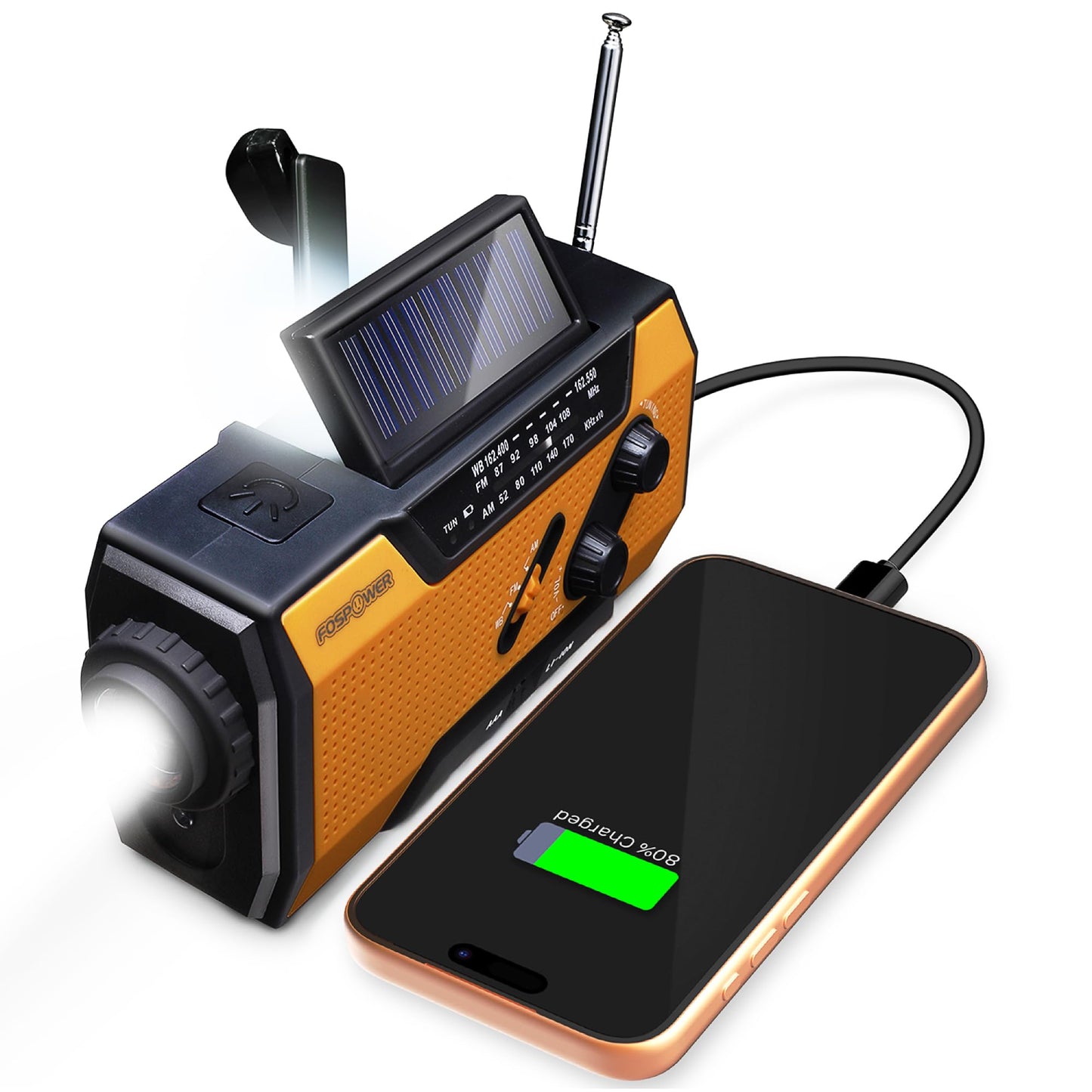 FosPower NOAA Emergency Weather Radio A1 7400mWh Portable Power Bank, AM/FM, USB/Solar/Hand Crank Charging, Battery Operated, SOS Alarm & Flashlight for Indoor/Outdoor Emergency - Orange