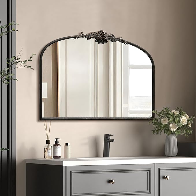 Besdomus Vintage Arched Black Mirror: 32"x24" Large Black Vintage Wall Mounted Mirror - Baroque Traditional Ornate for Living Room/Fireplace/Bathroom- Wall Decor for Interior Designers