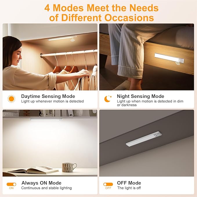 Gritin 10.2inch Under Cabinet Lighting Rechargeable -84 LED Super Bright,3-Color& 5 Level Brightness,4 Modes,Motion Sensor,Long Lasting- Easy Installation Magnetic Under Cabinet Closet Lights -2 Pack