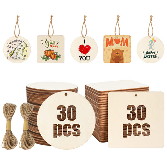 Luckforest 60 Pcs Wooden Tags, 3x3 Inch Unfinished Round Wood Pieces Blank Square Wooden Slices with Holes, with Jute Twines for Sign Tags Home Party Hanging Decoration