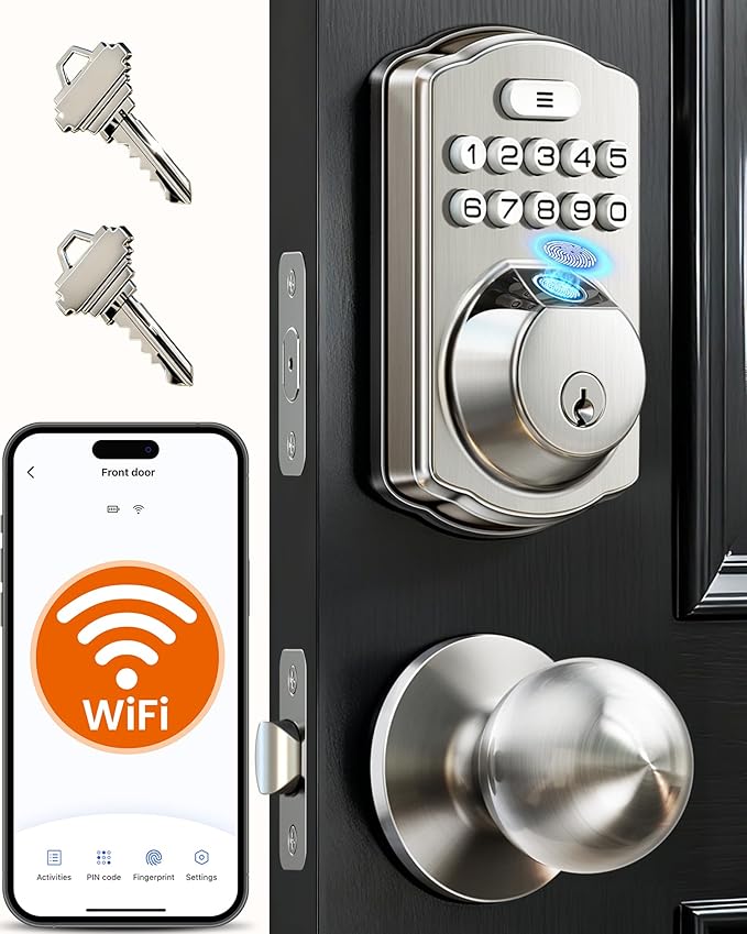 Veise VE012W-K Built-in WiFi Fingerprint Smart Lock with 2 Knobs, No Hub Needed, Remote APP Control, Keyless Entry Door Lock, Smart Deadbolt for Front Door, Auto Locking, Satin Nickel