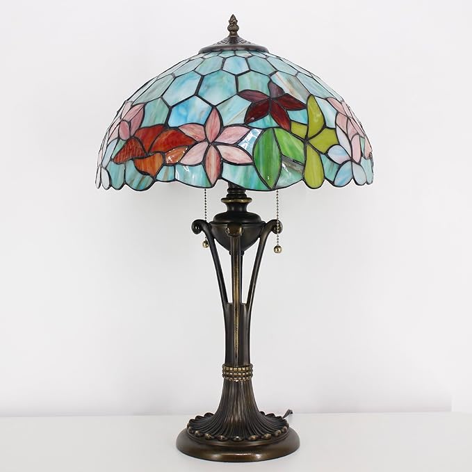 Tiffany Table Lamp Red Yellow Green Flowers Stained Glass Desk Lamp 16X16X24 Inches Reading Light