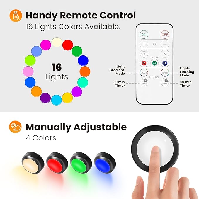 LED Puck Lights with Remote Control, 16 Color Changing Under Cabinet Lighting with Dimmer & Timer, AAA Battery Operated,Under for Closet Bedroom Kitchen, Stai (3 Pack Black)