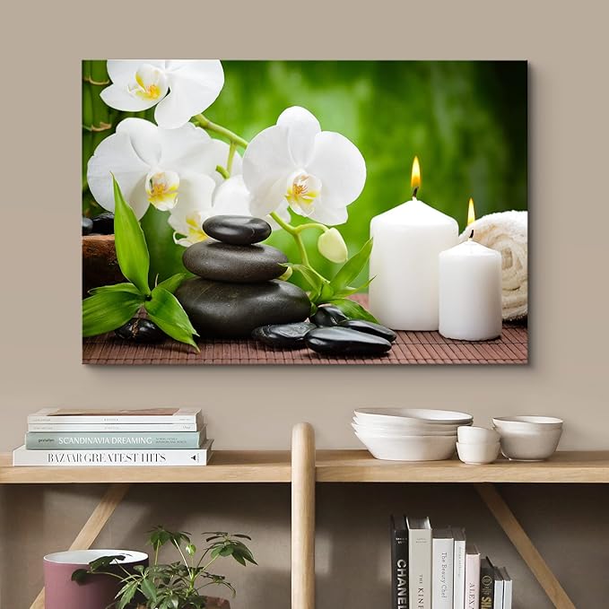 wall26 Canvas Print Wall Art Basalt Stones & Orchids on Wood Panel Nature Floral Photography Realism Rustic Colorful Multicolor Ultra for Living Room, Bedroom, Office - 16"x24"
