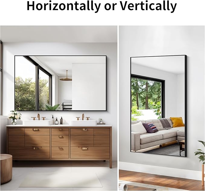 Black Bathroom Mirror for Wall, 60x36 Inch Rectangle Mirrors with Metal Frame, Modern Vanity Wall Mirror Decor for Entryway Hangs, Bathroom Living Room Horizontal or Vertical