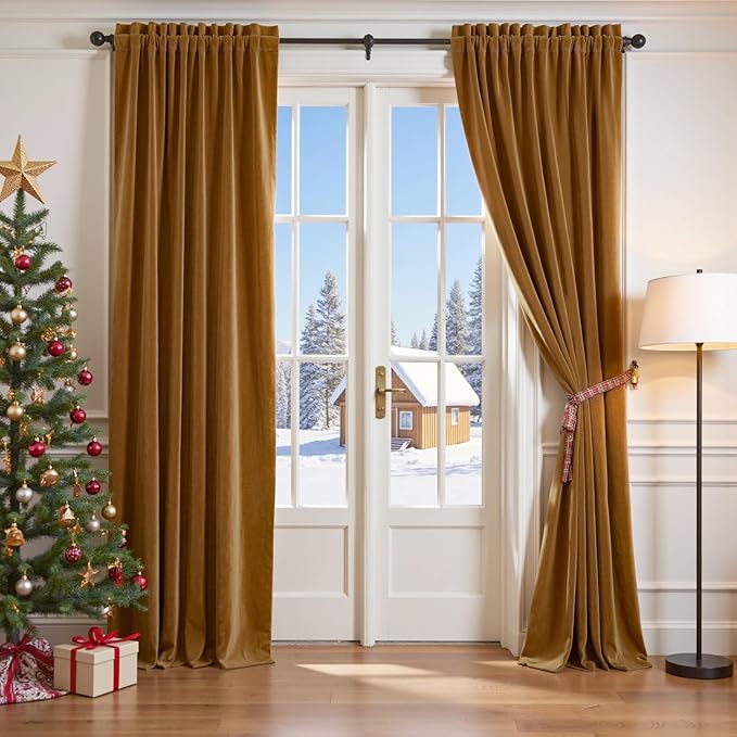 Lazzzy Velvet Blackout Curtains Thermal Insulated Room Window Drapes Super Soft Luxury Curtains for Living Room Bedroom Rod Pocket 2 Panels, Gold Brown, 62" W x 96" L