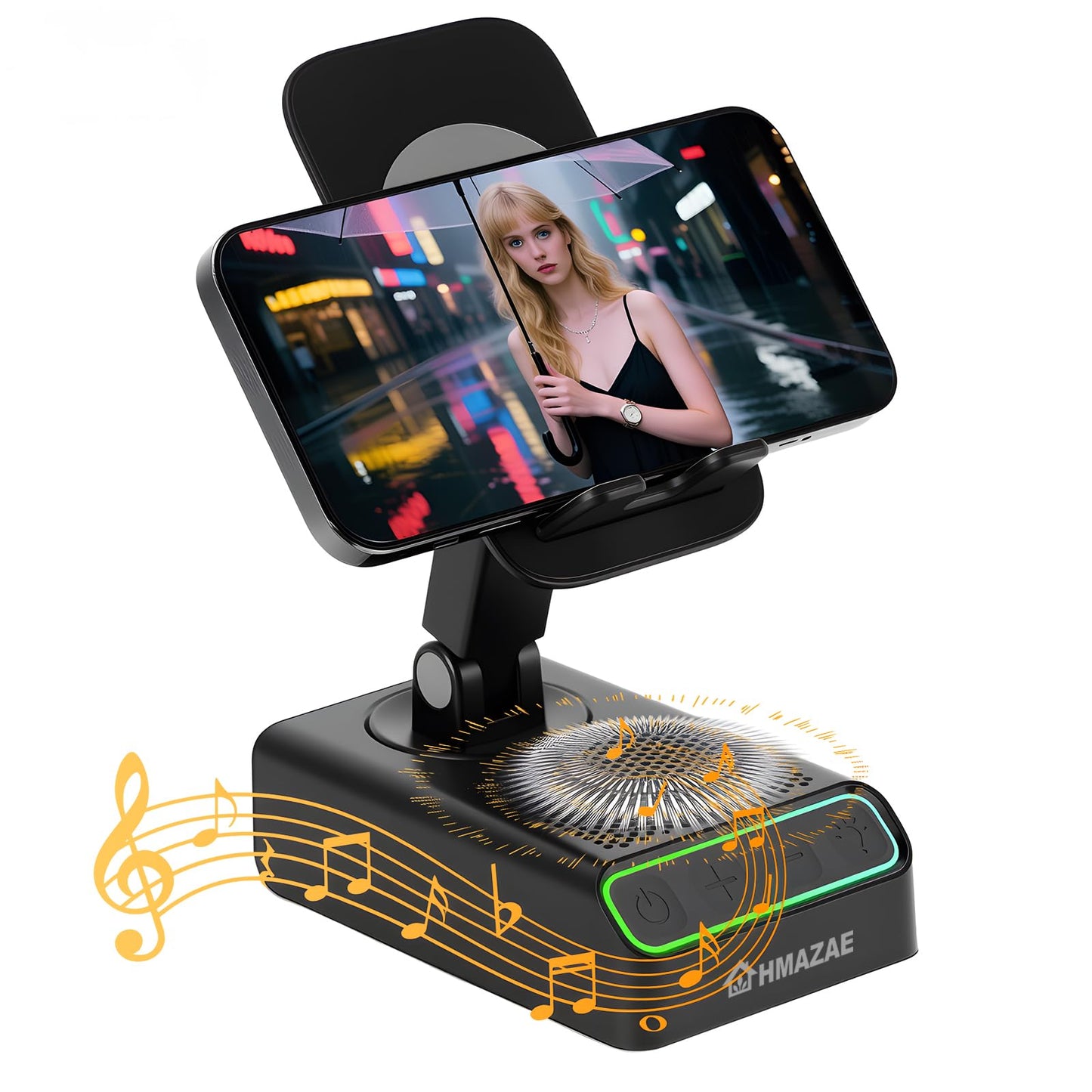 HMAZAE Cell Phone Stand with Wireless Bluetooth Speaker, Wireless Induction Audio, Emergency Rechargeable Portable Speaker Cellphone Stand with Colorful Ambient Light, Ideal Gifts for Men and Women