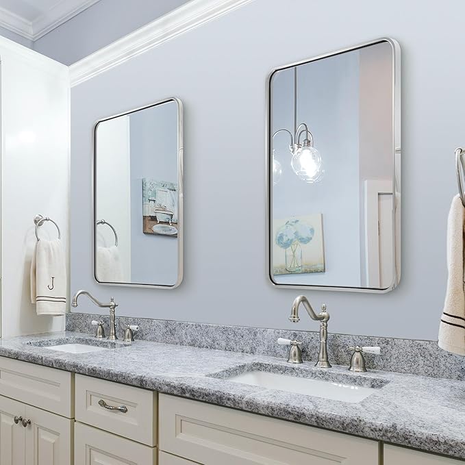 ANDY STAR 28x36 INCH Brushed Nickel Mirror, Rounded Rectangle Brushed Silver Metal Framed Mirrors for Bathroom Anti-Rust SUS304, Tube Metal Frame, 1’’ Deep Wall Mounted Vertically/Horizontal