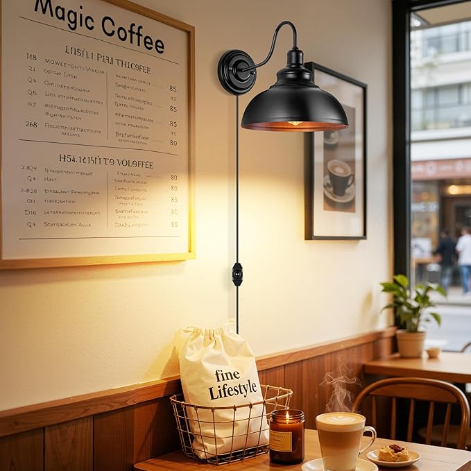 Lightess Dimmable Wall Sconce Plug in, Industrial Farmhouse Sconce with Dimmer On Off Switch, Black Barn Light Gooseneck Light Fixture, OLB11
