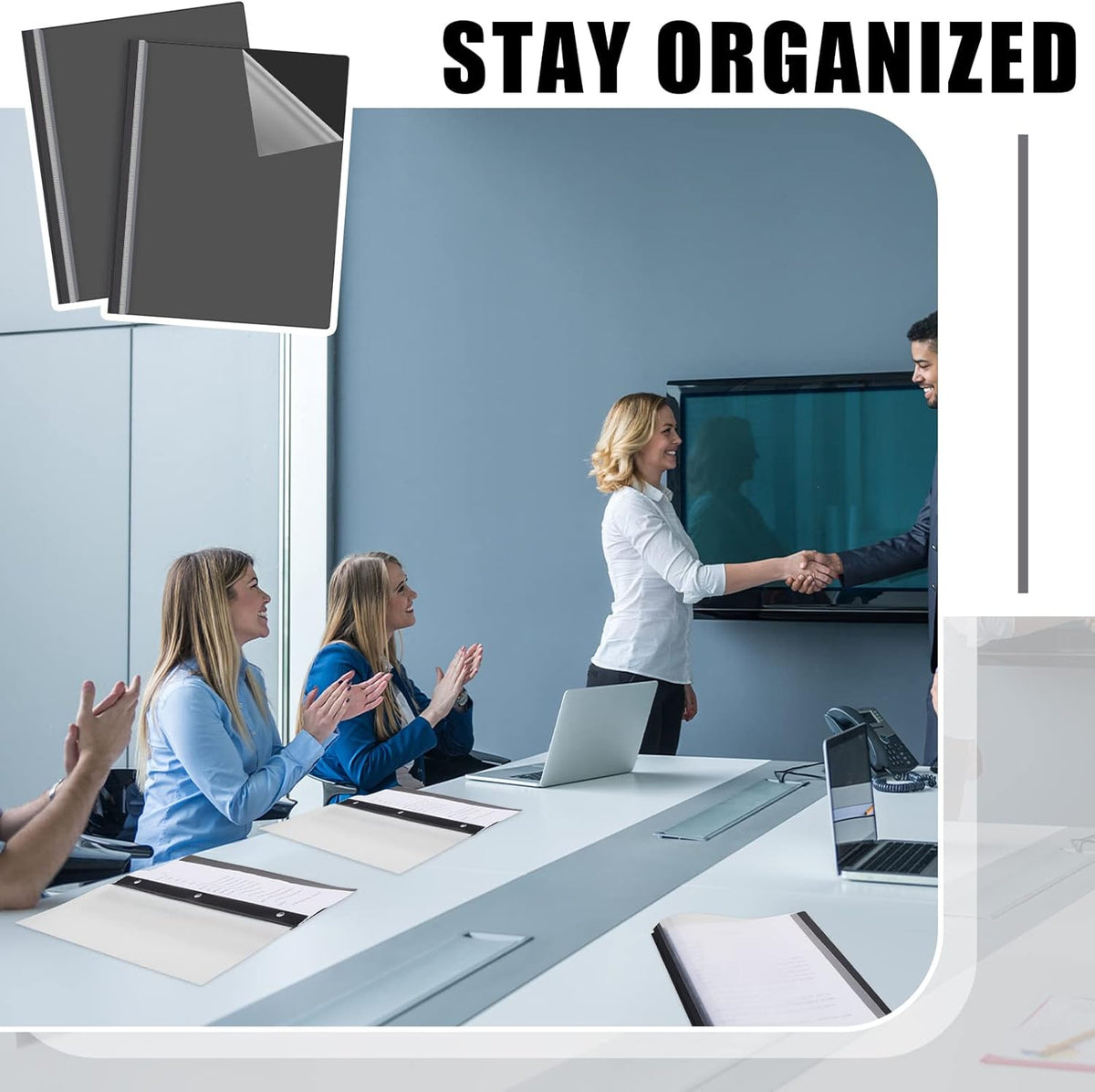 Teling 48 Pcs Clear Front Report Covers with Prongs Plastic Presentation Folders 3 Prong Resume Portfolio Folder for School(Black)