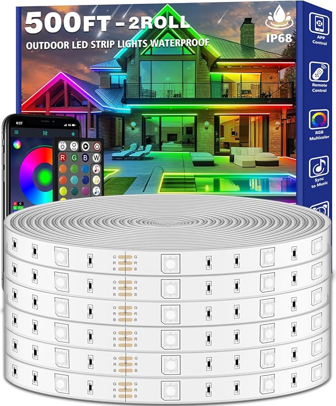 zoegi 500ft Outdoor LED Strip Lights Waterproof,Music Sync RGB IP68 Outside Led Light Strips Waterproof with App and Remote,Exterior Led Rope Lights for Deck,Balcony,Roof,Garden,Pool (500FT)