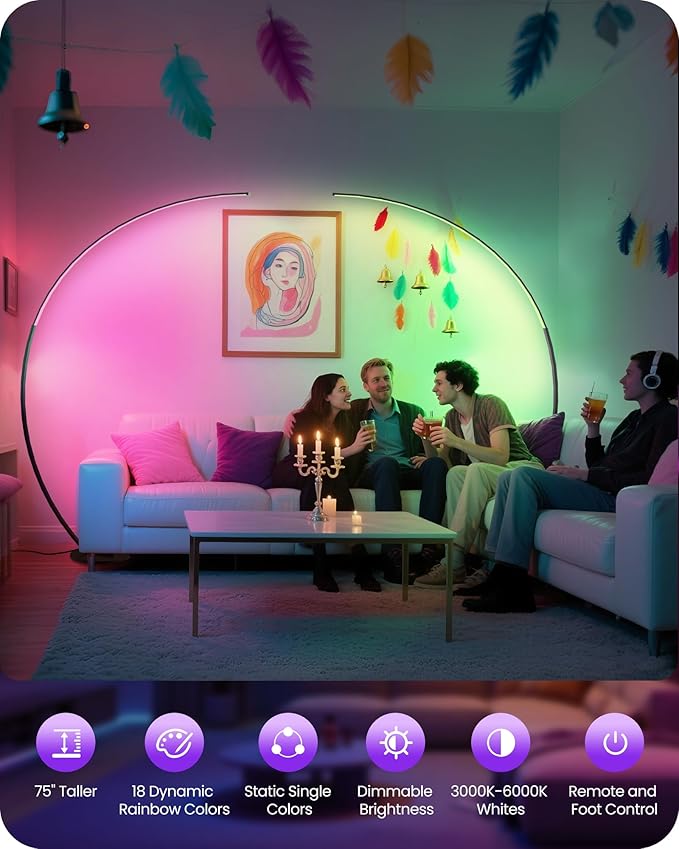 RGBW Floor Lamp, 75” Standing Tall Lamp, Dimmable Arc Floor Lamp for Living Room with Foot and Remote Control, 18 DIY Colors, 3000K-6000K White, LED Corner Lamp, Color Changing Ambient Light RB62LD05