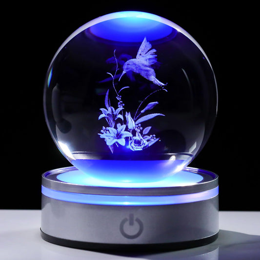 Movdyka 3D Crystal Ball Hummingbird Gifts for Women Men Glass Humming Bird Ornament Figurine Home Decor with Colorful LED Base for Hummingbird Lovers Nature Lovers - 3.15"/8CM"