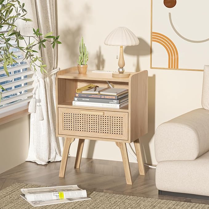 Lerliuo Rattan Nightstand with Charging Station, Boho Night Stand with Handmade Natural Rattan Drawer and Open Shelf, Cane Accent Side End Tables with Solid Wood Legs for Bedroom, Dorm, Small Spaces