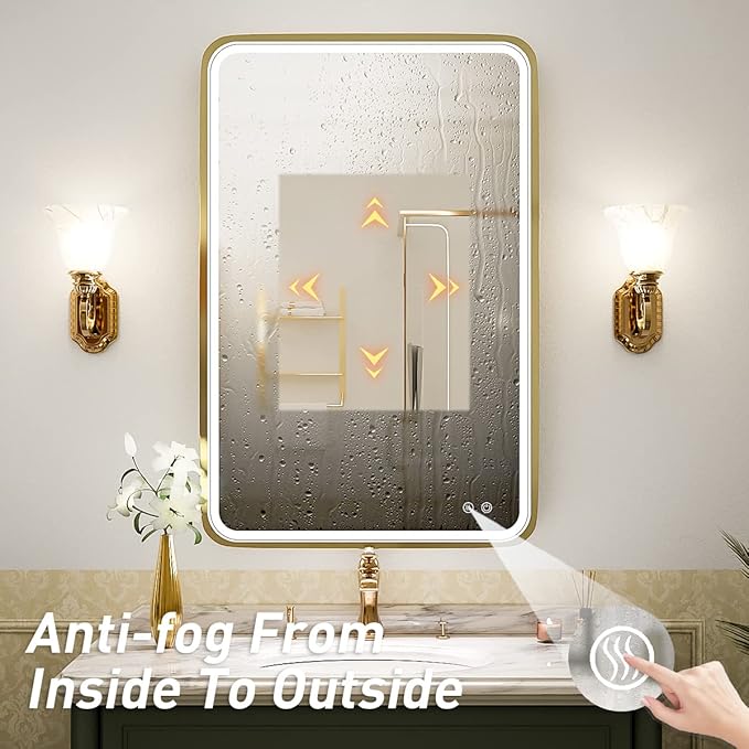 24x36 Inch LED Bathroom Vanity Mirror with lights,Wall Mounted Lighted Mirrors with Non-Rusting Gold Metal Frame Anti-Fog Memory Funtion Stepless Dimmable for Bathroom Decor(Horizontal&Vertical)