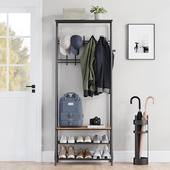 4-in-1 Hall Tree with Shoe Storage Bench & 10 Hooks – Freestanding Entryway Coat Rack, Double Row Hooks, Metal Frame, Rustic Brown Wood – Living Room, Bedroom, Foyer – 60cm Width