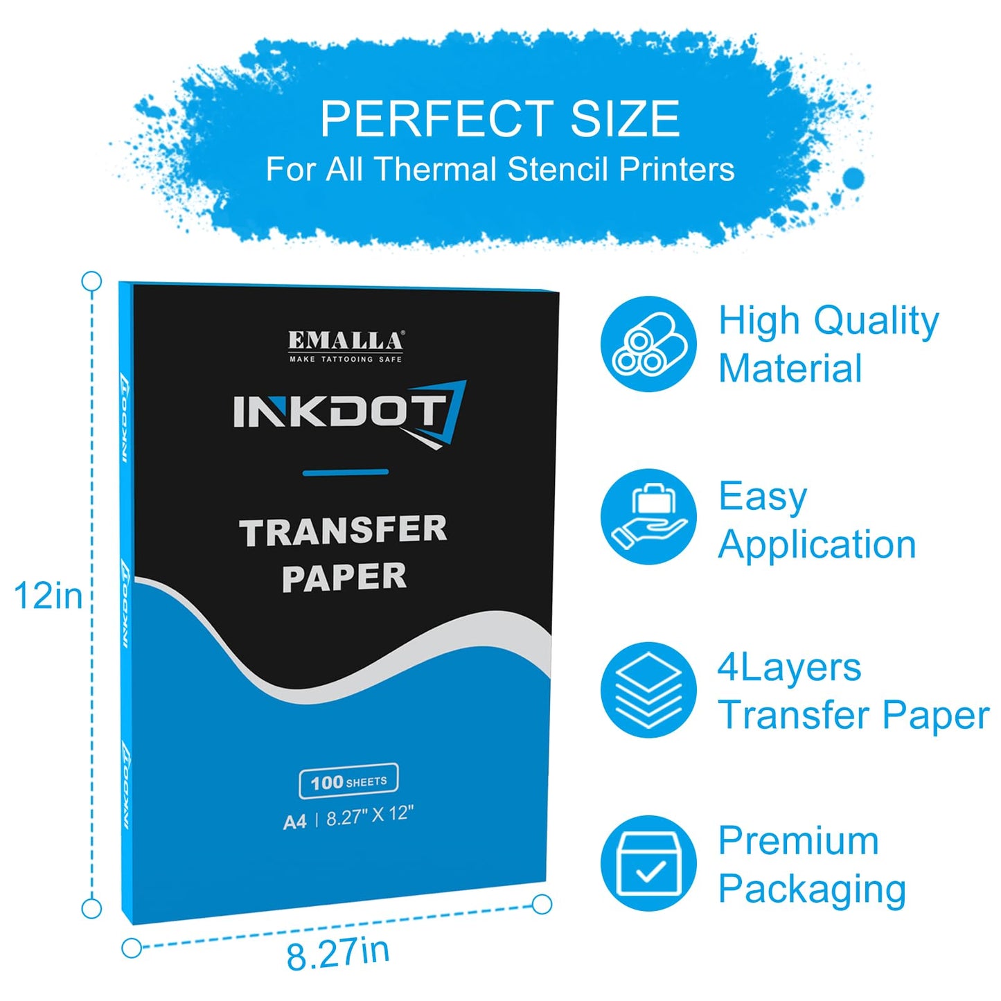Emalla INKDOT Tattoo Transfer Paper, 100 Sheets Premium Stencil Paper 4-Layer Thermal Transfer Paper 8.27" X 12"" for Crisp Designs A4 Size Tracing Paper for Beginners or Artist Tattoo Supplies"