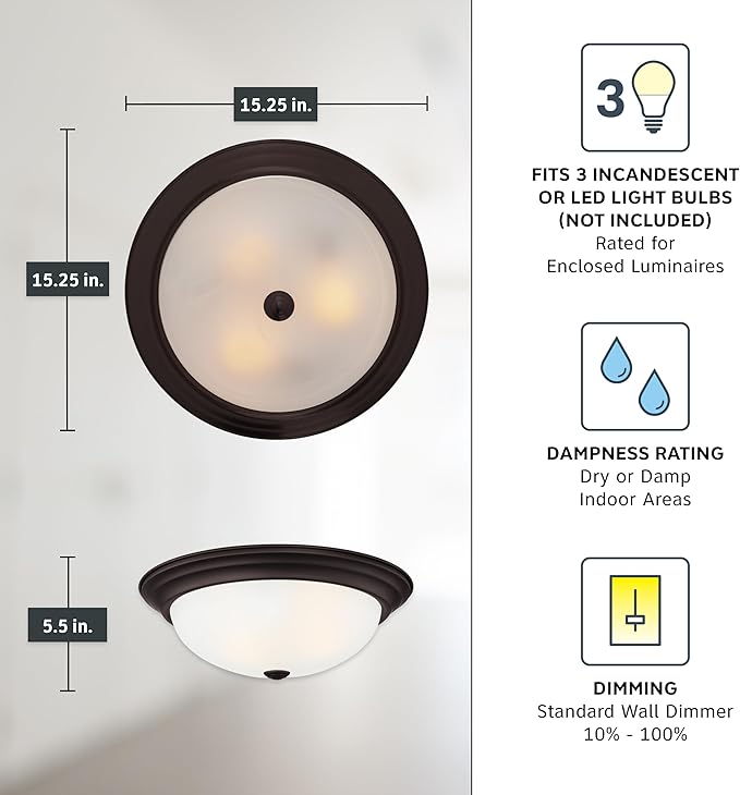 DESIGNERS FOUNTAIN Reedley 3-Lights Flush Mount Ceiling Light, 15 Inch Lighting Fixture for Kitchen, Bedroom, Bathroom, and Hallway, Oil Rubbed Bronze with Etched Glass, 1257L-ORB-W