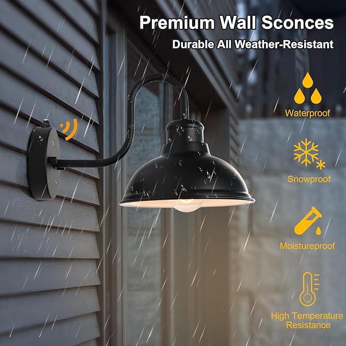 Barn Lights Outdoor Wall Sconces, Dusk to Dawn Exterior Farmhouse Gooseneck Barn Light, Black Outside Wall Mount Light Fixture, 2 Pack Anti-Rust Waterproof Outdoor Light for Porch Garage Patio