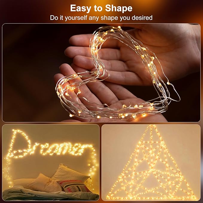 Timer Fairy Lights Battery Operated 2 Pack 16.4Ft 50 LEDs Silver Copper Wire Twinkle String Lights with Timer 5 Lighting Modes for Christmas Bedroom Wedding Parties Holiday Decorations (Warm White)