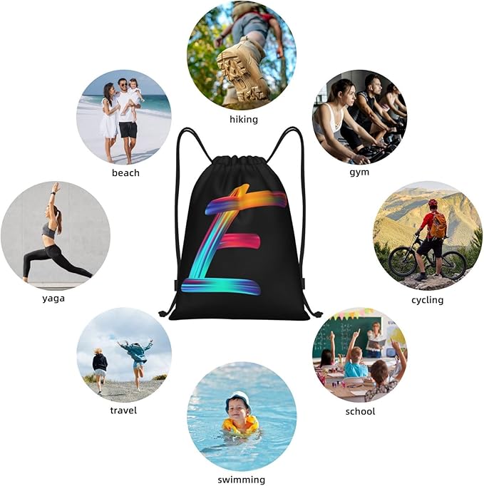 Drawstring Bags Initial Drawstring Backpack Sackpack Black Draw String Cinch Bags for Sports, Gym, Travel, Swimming, Beach, Camping, Rainbow Letter E