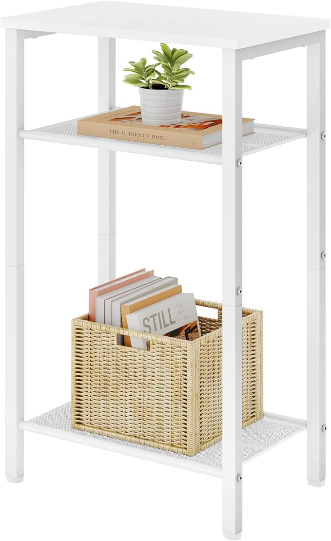 Hoctieon 2-Set 3 Tier End Table, Telephone Table Set of 2, Tall Side Table with Storage Set of 2, Small Nightstand for Small Spaces, Metal Frame, White
