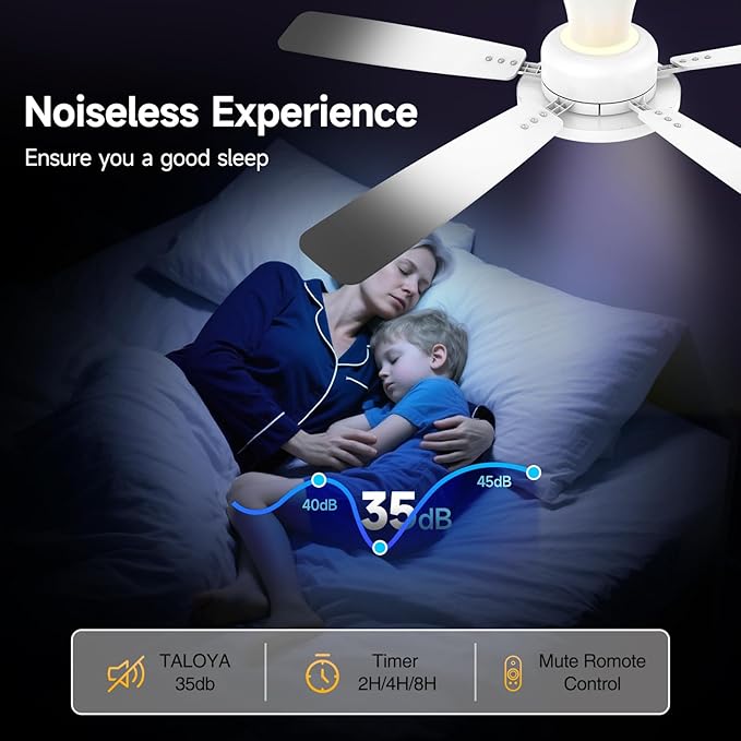 TALOYA Ceiling Fans with Lights and Remote, 52 inch Low Profile Ceiling Fan with Nightlight, Flush Mount, Reversible, 3CCT, Dimmable White Modern Ceiling Fan for Bedroom, Living Room, Outdoor Patio