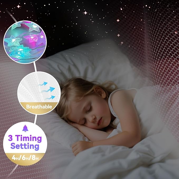Obrecis Pink Bed Canopy for Girls, Bedroom Decor Princess Canopy Bed Curtain with Lights, 100 LED Star Fairy String Lights Hanging Dome Bed Tent with Remote for Twin to King Size Bed