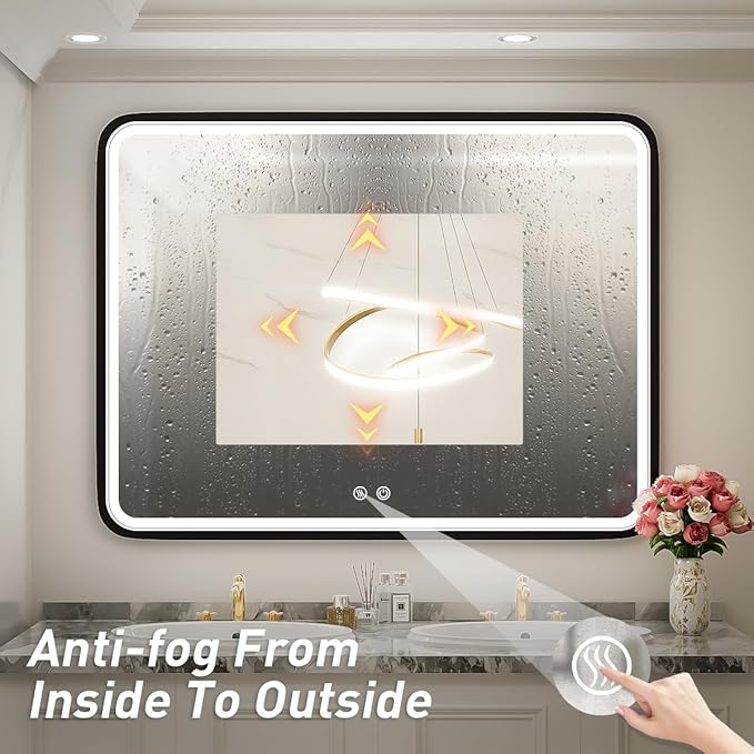 40X30 Inch Black Bathroom Mirror with LED Lights,Metal Frame Lighted Vanity Mirror,Anti Fog Design&Dimmable&Touch Switch, Wall Mounted Makeup Mirror for Home Decor(Horizontal/Vertical)