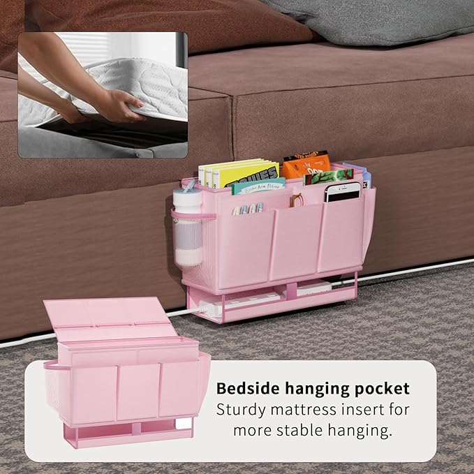 Bedside Caddy, Bed Organizer with 11 Pockets and Power Strip Holder, Versatile Bedside Storage Caddy for Home,Dorm,Bunk,Hospital,Crib Bed (2 Pack Pink)