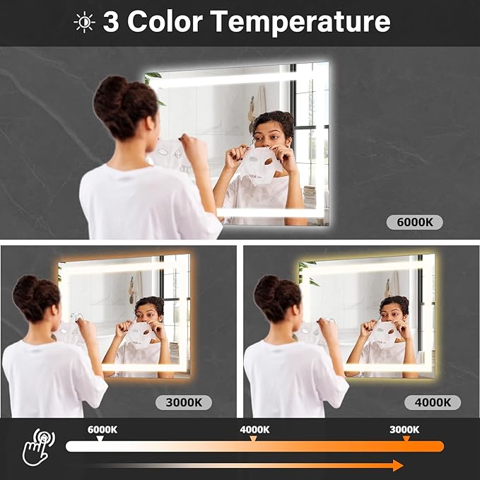 40"x 40" LED Bathroom Mirror, Backlit + Front Lit, LED Bathroom Mirror with Lights for Wall, 3 Colors, Anti-Fog, Dimmable Brightness, Tempered Glass